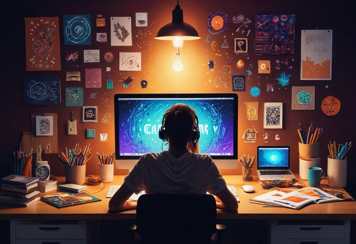 A creative workspace filled with art supplies, colorful sketches of diverse logo designs, and a glowing light bulb symbolizing inspiration. Featuring a person thoughtfully designing a logo on their laptop, surrounded by vibrant branding materials and mood boards. The scene conveys a sense of artistic innovation and brand development. Pixel art. Bold colors. Dynamic composition.