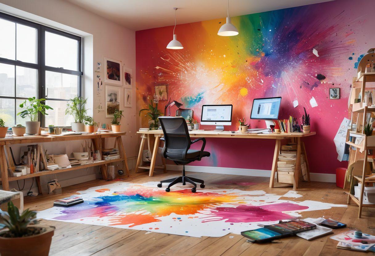 A vibrant workspace filled with colorful sketches, digital tablets, and logo designs pinned on the walls. A designer in the foreground, intensely focused on creating a unique logo, surrounded by inspiration like paint splatters, brand swatches, and design books. Natural light streams in, enhancing the atmosphere of creativity and innovation. super-realistic. vibrant colors. bright background.