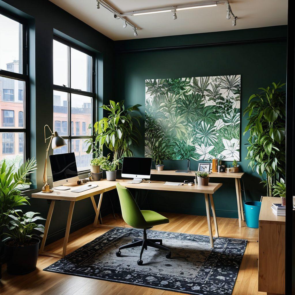 A dynamic composition showcasing a creative workspace filled with vibrant graphic design tools, colorful sketches, and digital screens displaying innovative designs. Illuminate the scene with natural light streaming through a large window, capturing the essence of creativity and transformation. Add abstract elements symbolizing growth and innovation, like plants intertwining with design elements. super-realistic. vibrant colors. 3D.
